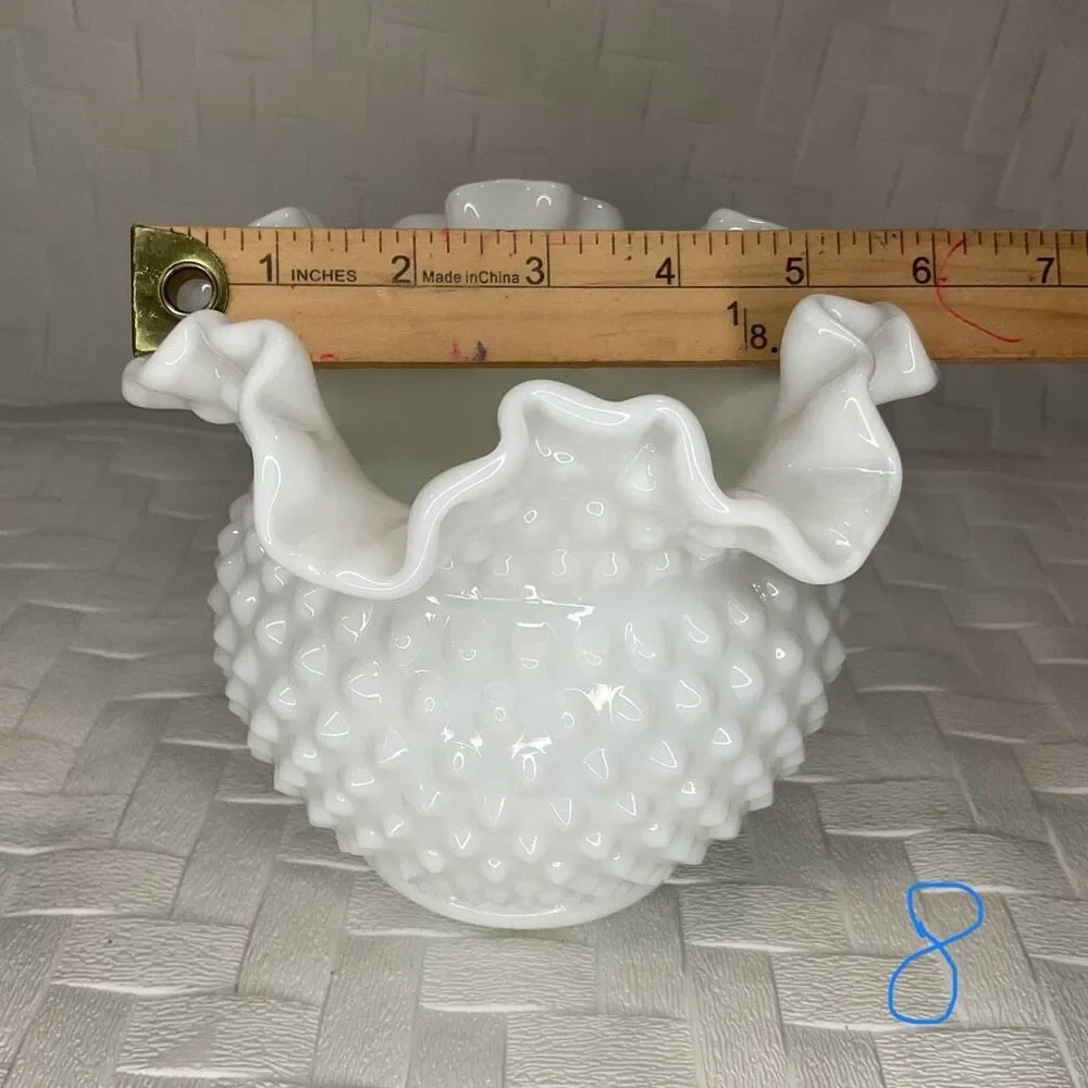 Vintage Milk Glass‎ Cupped Vase Double Crimped Fenton Art Glass Hobnail Shape *